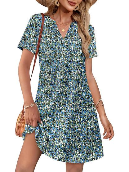 Women Casual V Neck Hawaiian Midi Dress With Pockets