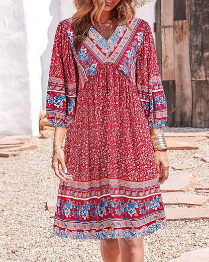 Women V Neck Ruffle Floral Flowy Boho Babydoll Dress
