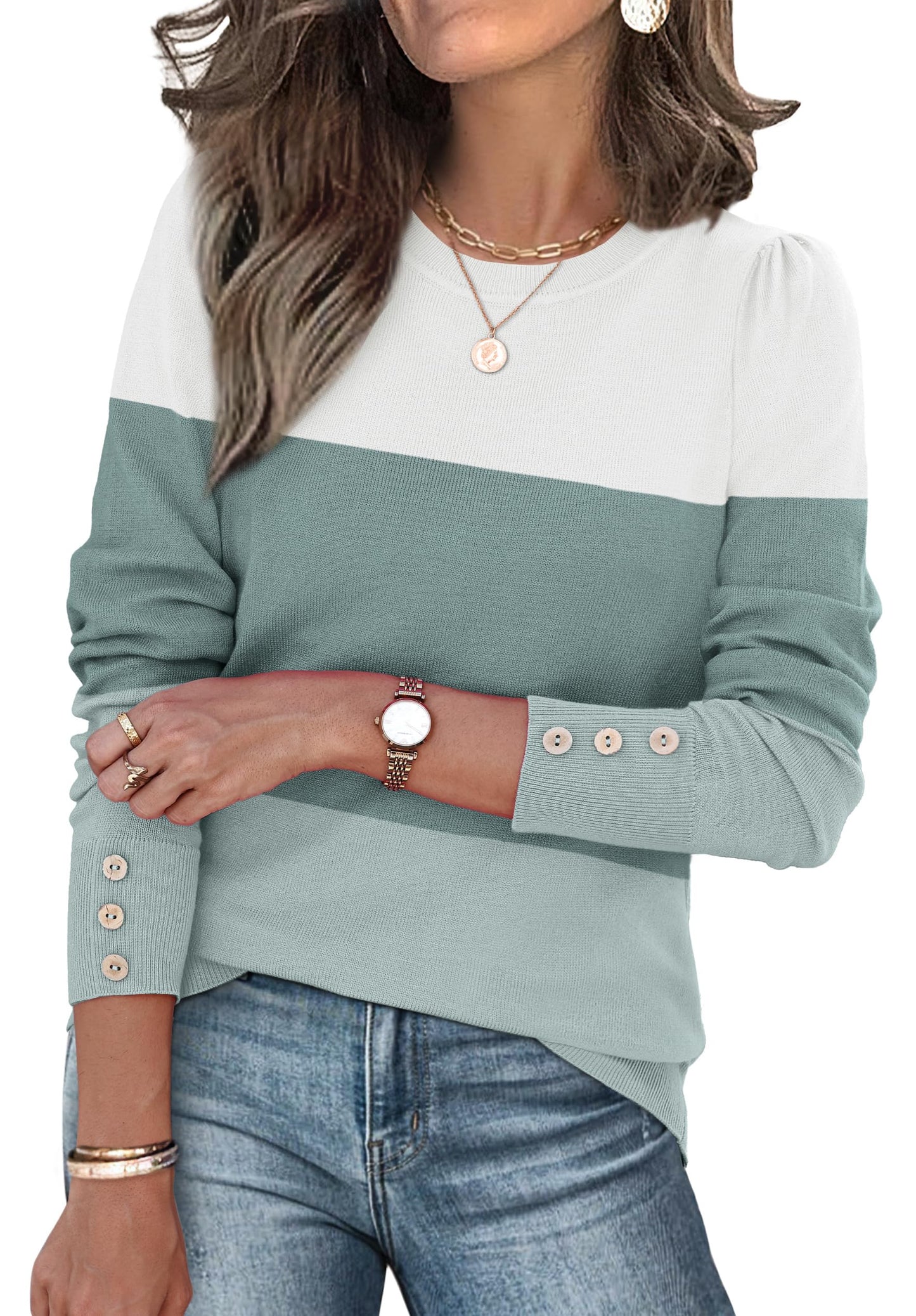 Long Sleeve Button Cuff Soft Knit Pullover Trendy Tops