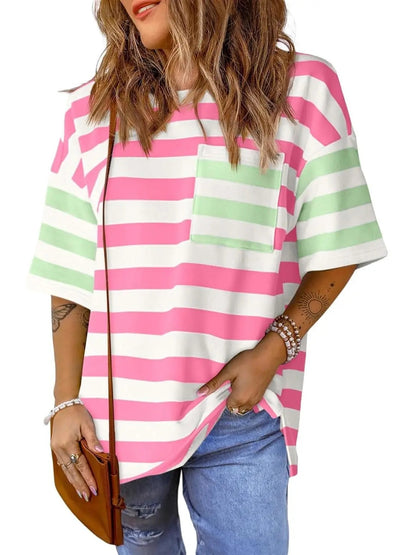 Womens Oversized Color Block Striped Tshirts Summer Casual Short Sleeve Tops