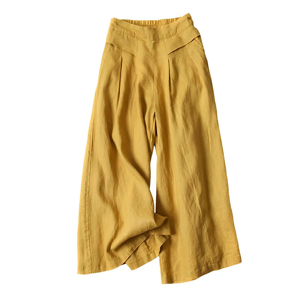 ⏰Hot Sale-Women's Cotton Linen Culottes Pants Elastic Waist Wide Leg Palazzo Trousers