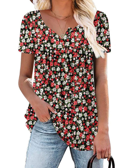 ✨Women's Printed Botton Down Pleated Short Sleeve Shirts Tunic Tops