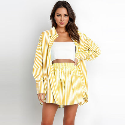 HOT SALE Striped Dropped Shoulder Shirt and Shorts Set