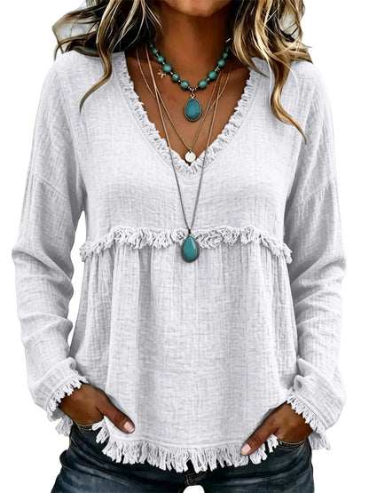 Boho V‑Neck Fringe Long Sleeve Top | Babydoll Loose Silhouette