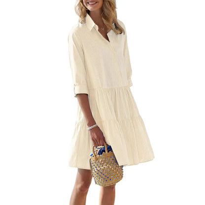 Women's Summer Striped Shirt Dress Half-Button Mini Cake Dress