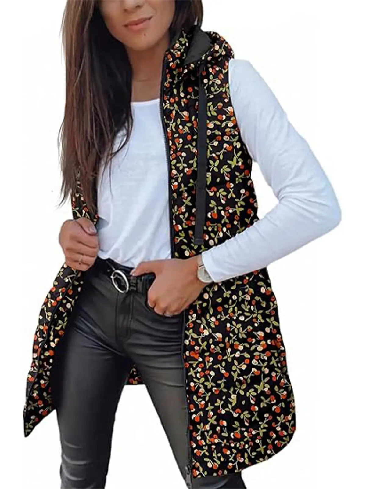 Women Long Hooded Sleeveless Vest With Side Pockets
