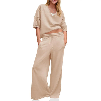 Womens 2 Piece Outfits Casual V Neck Shirts Wide Leg