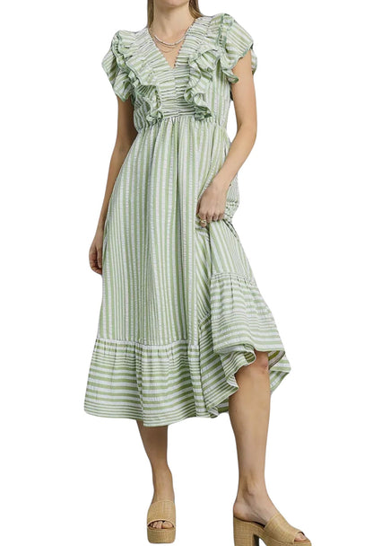 Women's Elegant V-neck Striped Ruffle Detail Midi Dress