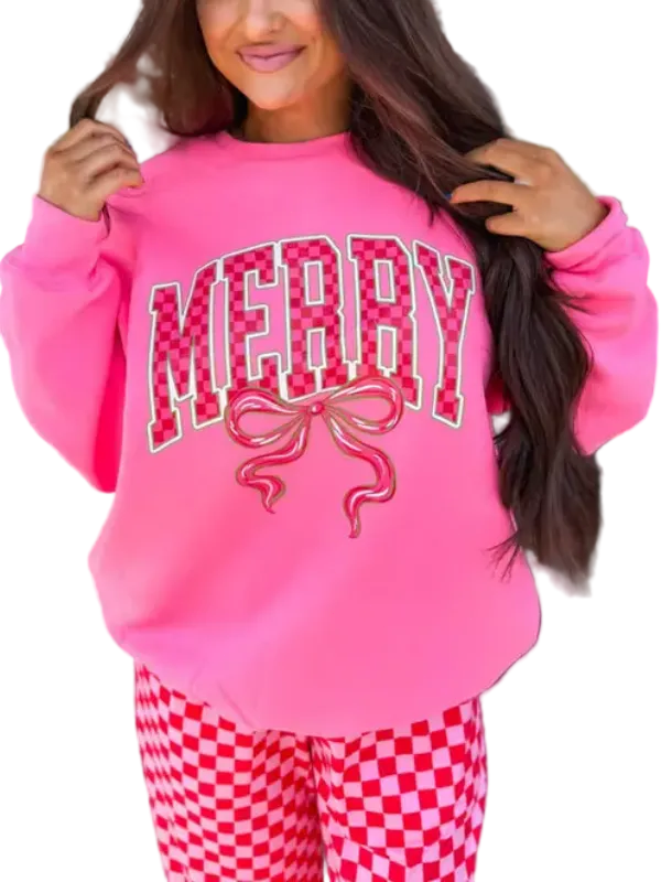 Women’s Merry Letter Checkered Christmas 2 Piece Set