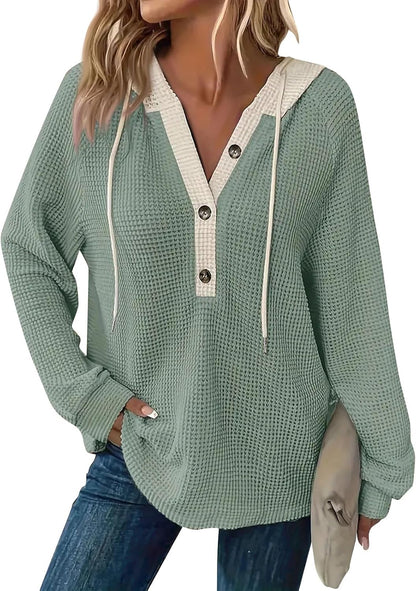 Women's Waffle Knit Drawstring Button Long Sleeve Hoodie