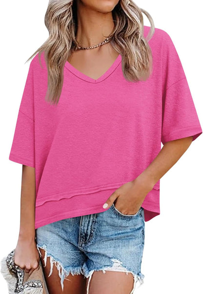 Women's V-Neck Spliced Hem Casual Top