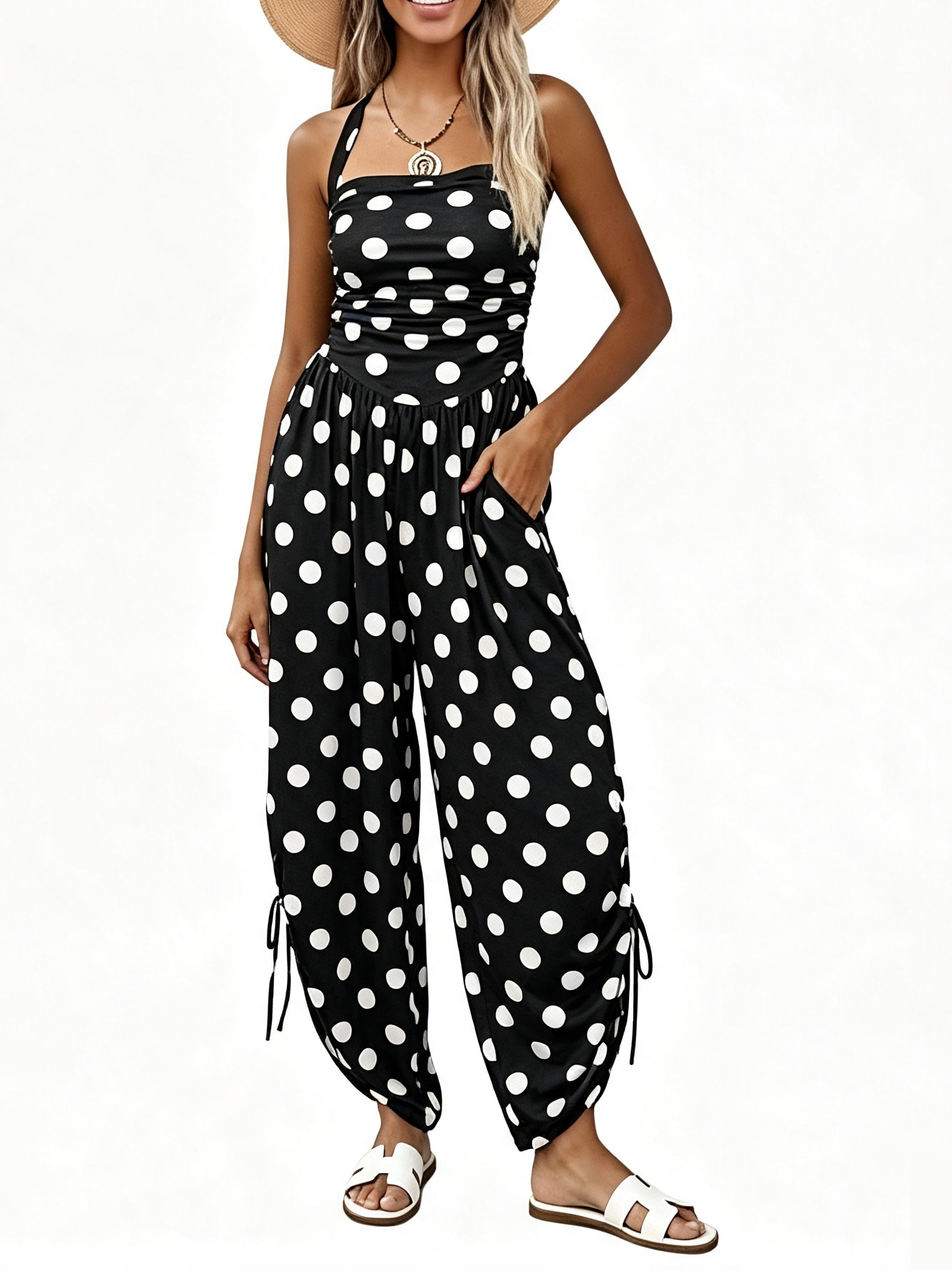 Women Halter Square Neck Sleeveless Ruched Barrel Wide Leg Side Cinch Jumpsuit