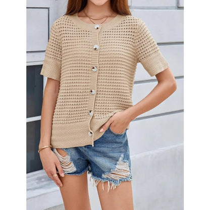 Womens Crochet Short Sleeve Cardigans Button Up Crew Neck Summer