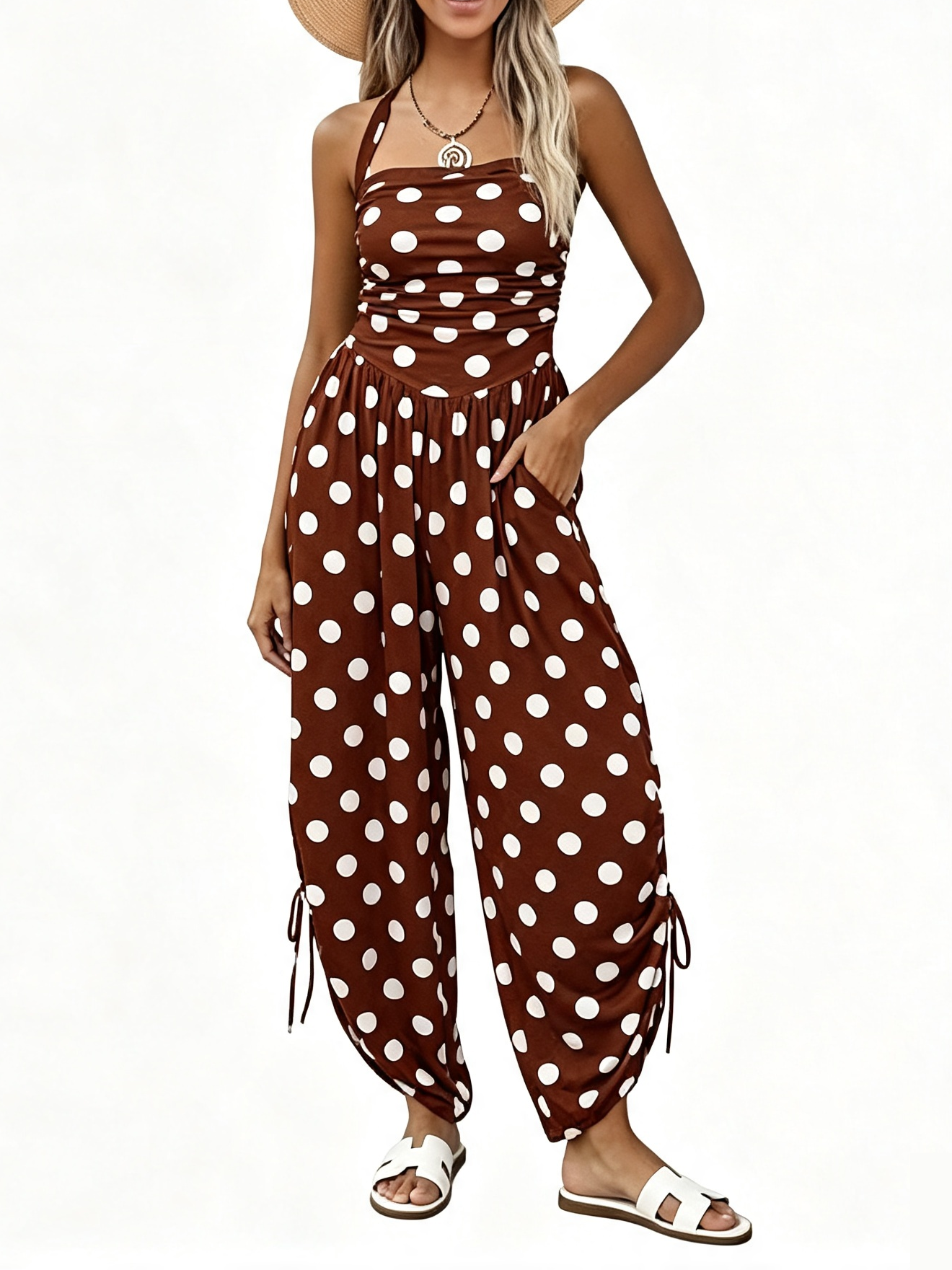 Women Halter Square Neck Sleeveless Ruched Barrel Wide Leg Side Cinch Jumpsuit