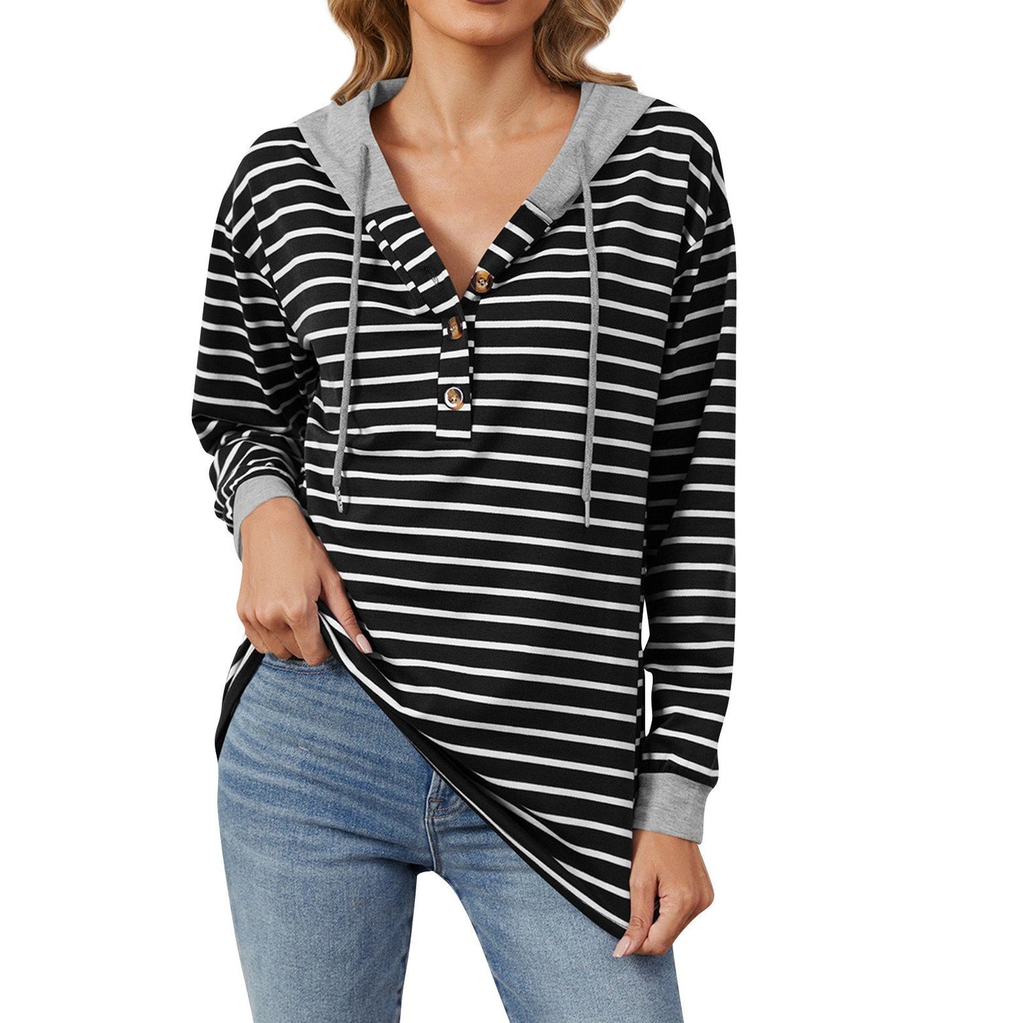Women's Drawstring Striped Long Sleeve Hoodie