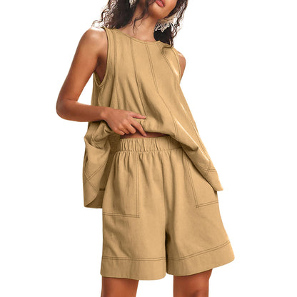 Women's Contrast Stitch 2-Piece Outfit, Sleeveless Tank Top & High Waist Shorts Set