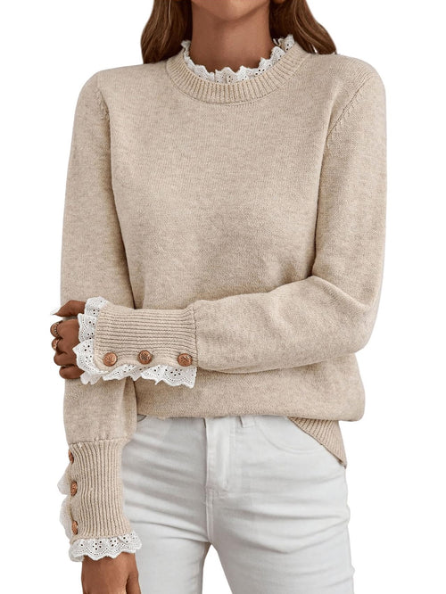 ✨Women's Long Sleeve Knitted Button Lace Trim Sweater