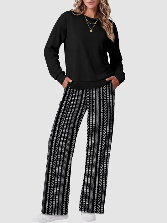 Women Two Piece Outfit Crew Neck Top And Wide Leg Pants Set