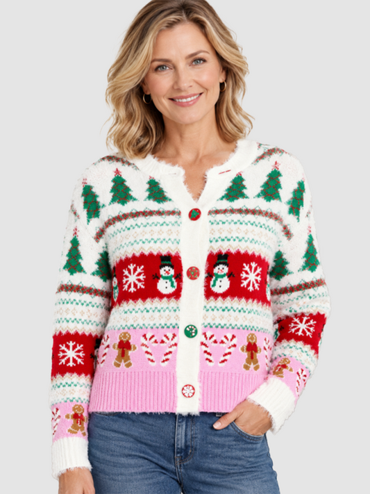 Women Festive Holiday Graphic Button Front Cardigan