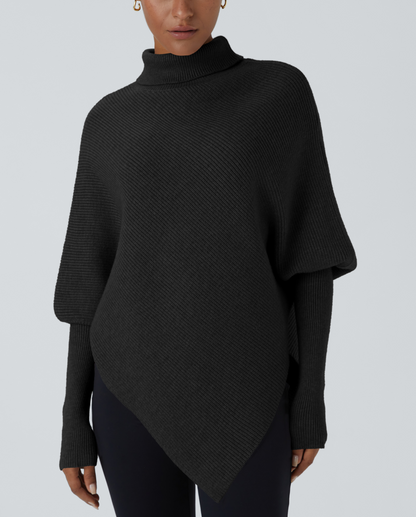Turtleneck Batwing Long Sleeve Asymmetric Hem Sweater