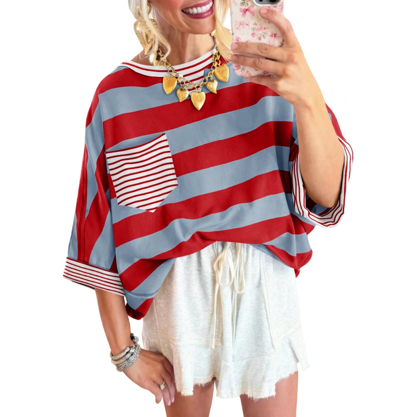 Women's T-shirts Striped Drop Shoulder Pocket T-shirt
