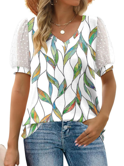 Limited time sale🔥Women's Printed V Neck Swiss Dot Puff Sleeve Loose Casual T-Shirt