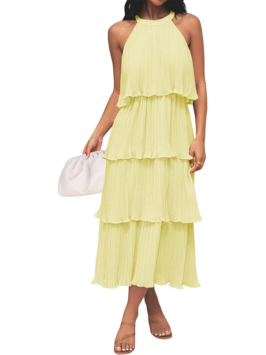 ⏰Hot Sale-Women's Summer Halter Neck Ruffle Tiered Layered Chiffon Flowy Swing Midi Dress