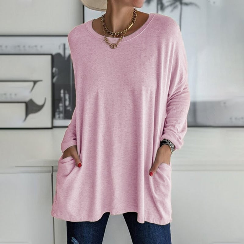 ⏰HOT SALE-Round Neck Long Sleeve Loose Pocket Solid T-Shirt