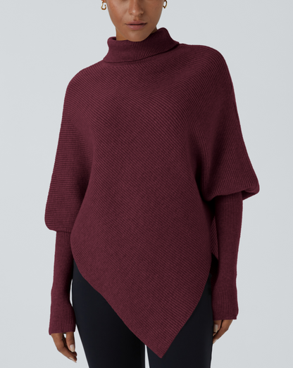 Turtleneck Batwing Long Sleeve Asymmetric Hem Sweater