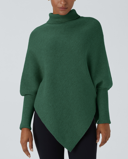 Turtleneck Batwing Long Sleeve Asymmetric Hem Sweater