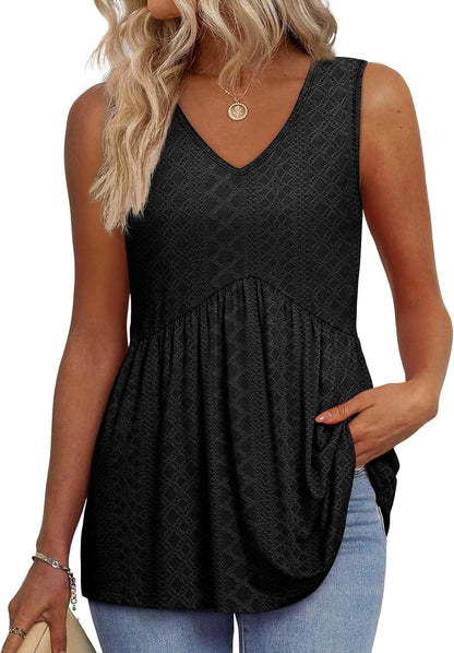 📣Women's Print Flowy Sleeveless V Neck Peplum Tank Tops