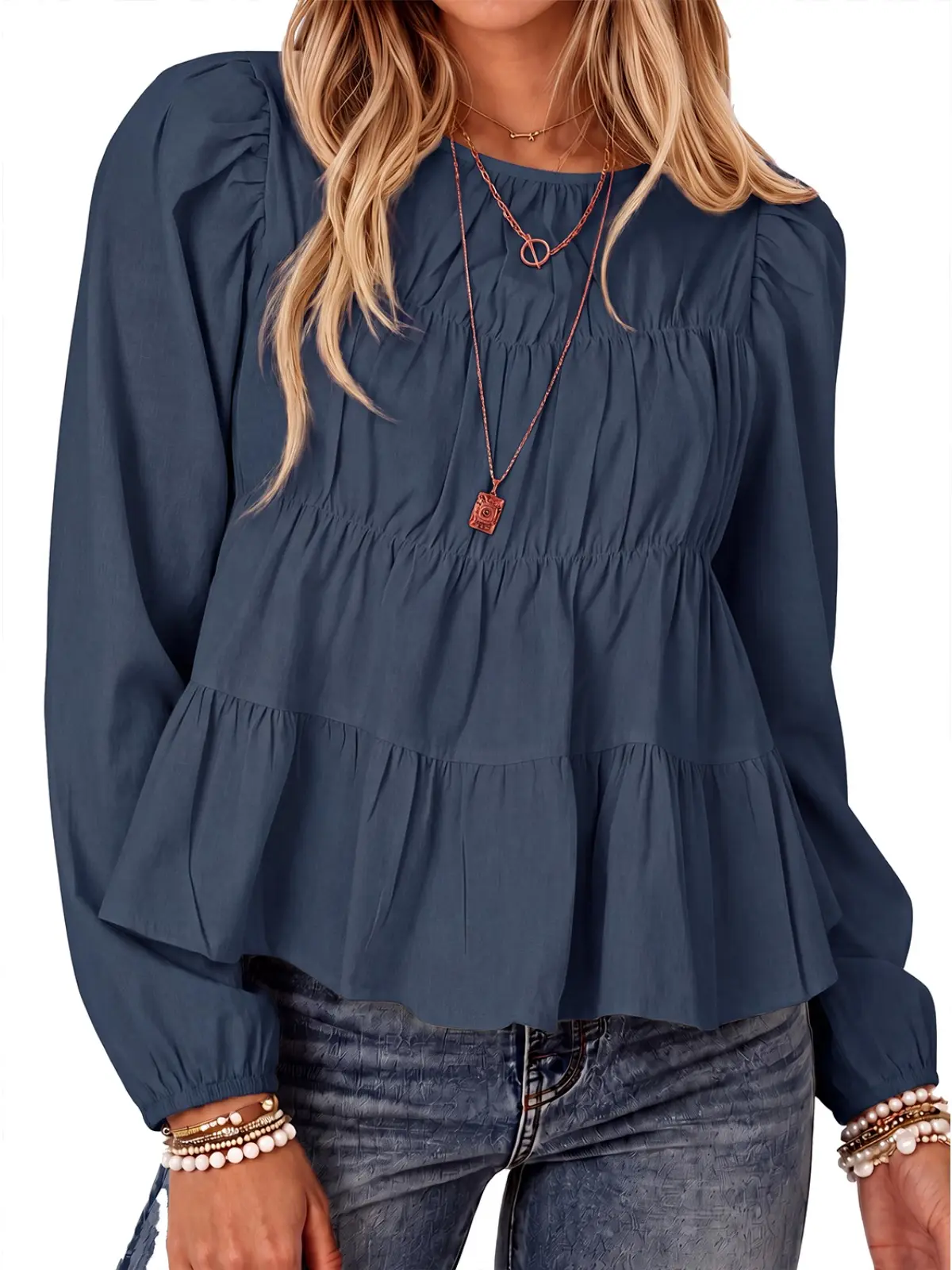 Women Puff Sleeve Babydoll Blouse Peplum Hem