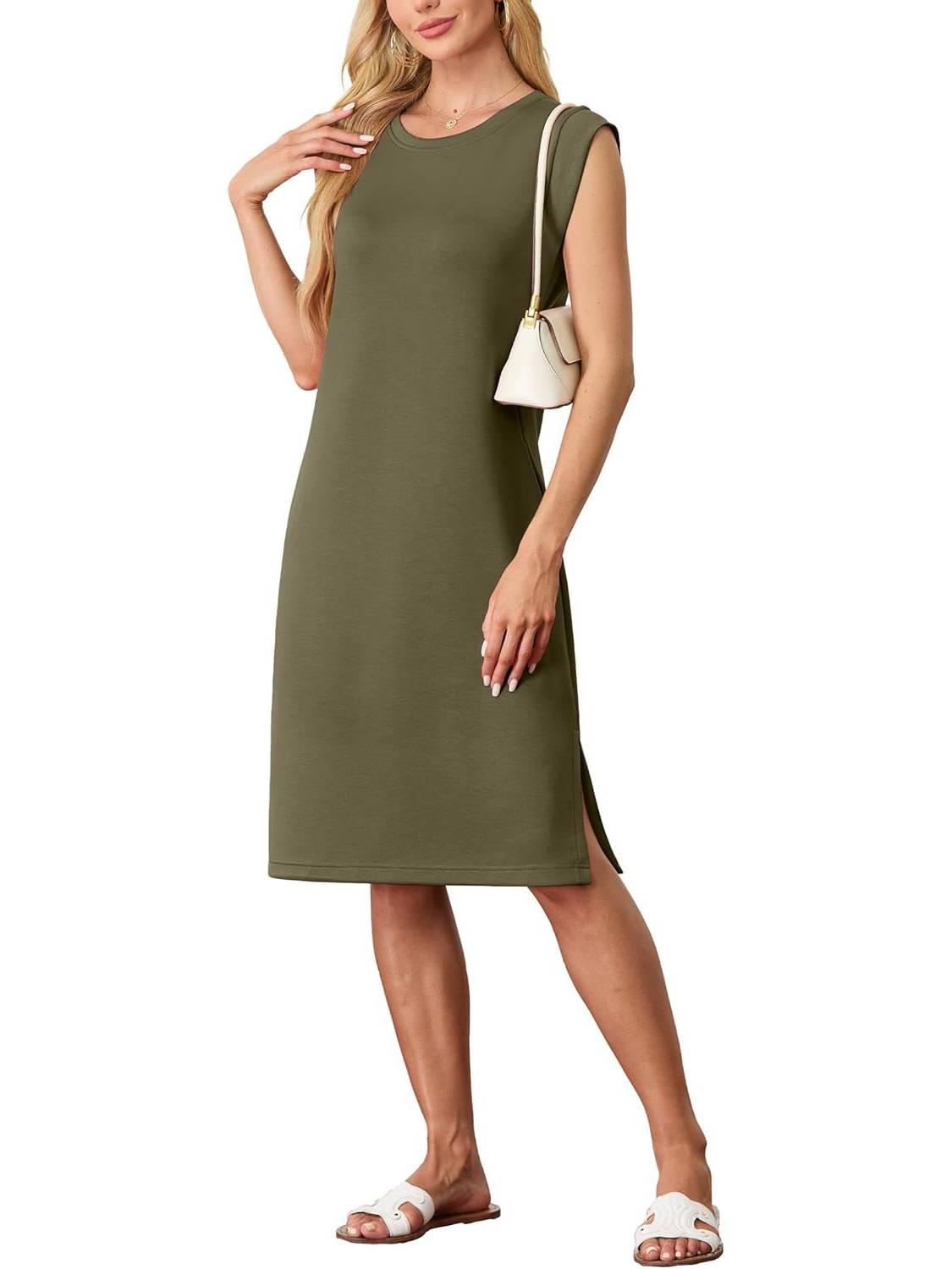 ✨Women Round Neck Loose Split Wrinkle-Free Midi Dress with Pockets