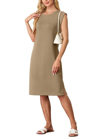 ✨Women Round Neck Loose Split Wrinkle-Free Midi Dress with Pockets