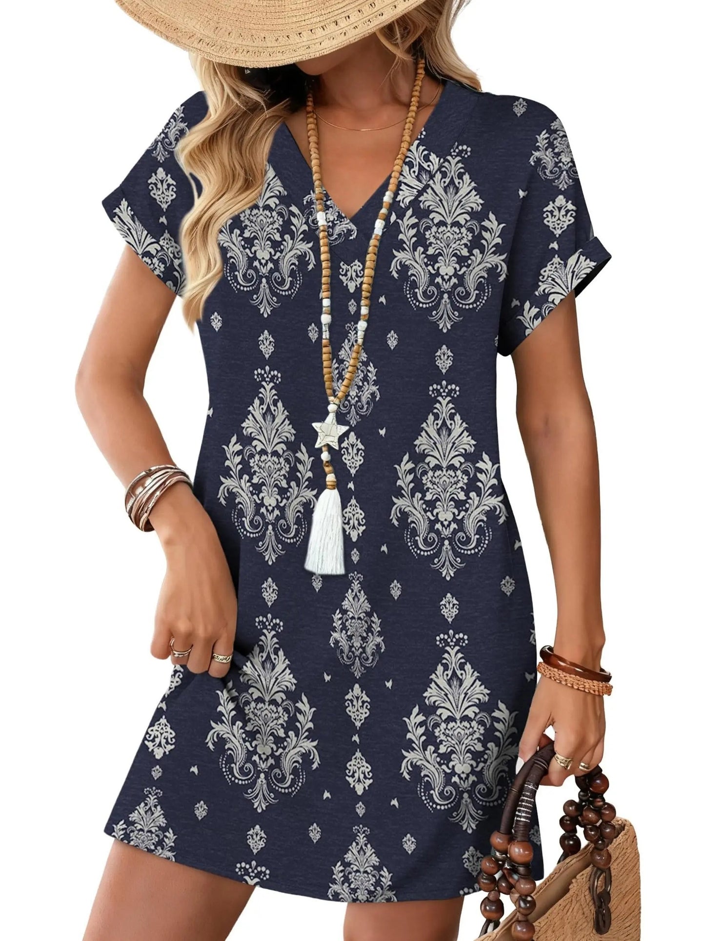 ⏰Hot Sale-Women's V-Neck Print Short Sleeve T-Shirt Dress