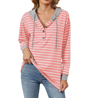 Women's Drawstring Striped Long Sleeve Hoodie