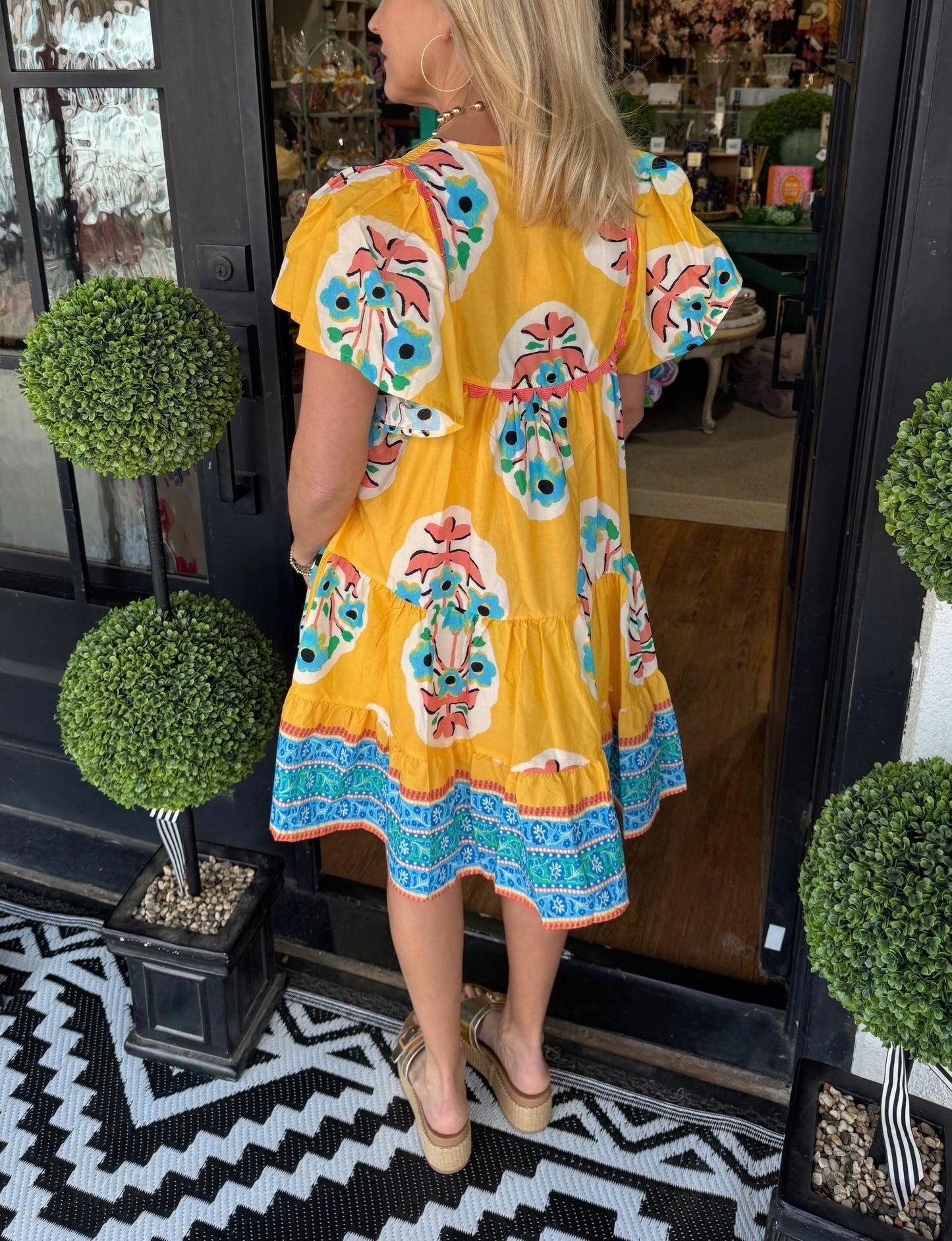 Women's V-neck Pleated Print Short Dress