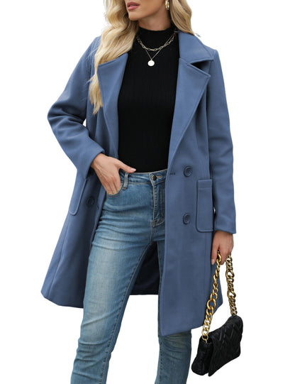 Women Open Front Wool Coat Lapel Double Button Mid‑Length Overcoat With Pockets