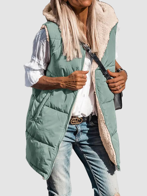 Women's Sleeveless Hooded Reversible Fleece Jacket Zip Up Coat Outerwear Vests