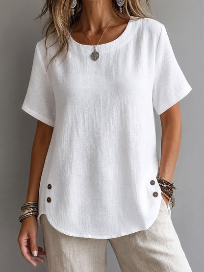 Women's Crew Neck Side Button Casual T-Shirt