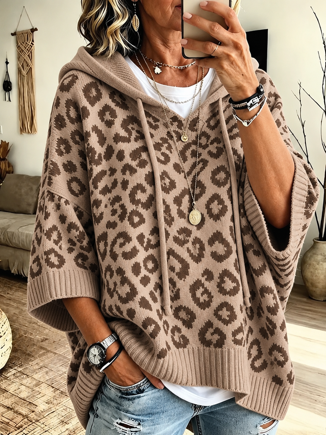 Women Leopard Print 3/4 Sleeve Hooded Knit Sweater