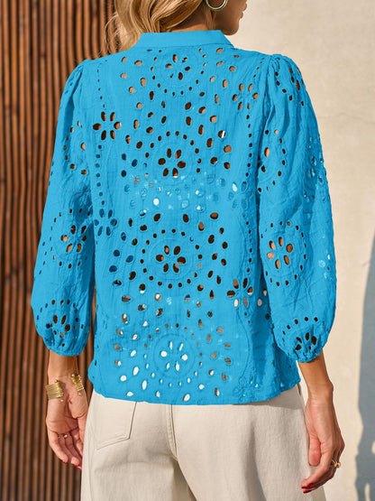 ✨Womens Summer Deep V Neck Eyelet Blouses Casual 3/4 Balloon Sleeve Button Down Shirts