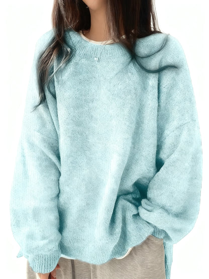 Oversized Round‑Neck Knit Sweater & Loose Split‑Hem Drop‑Shoulder Top
