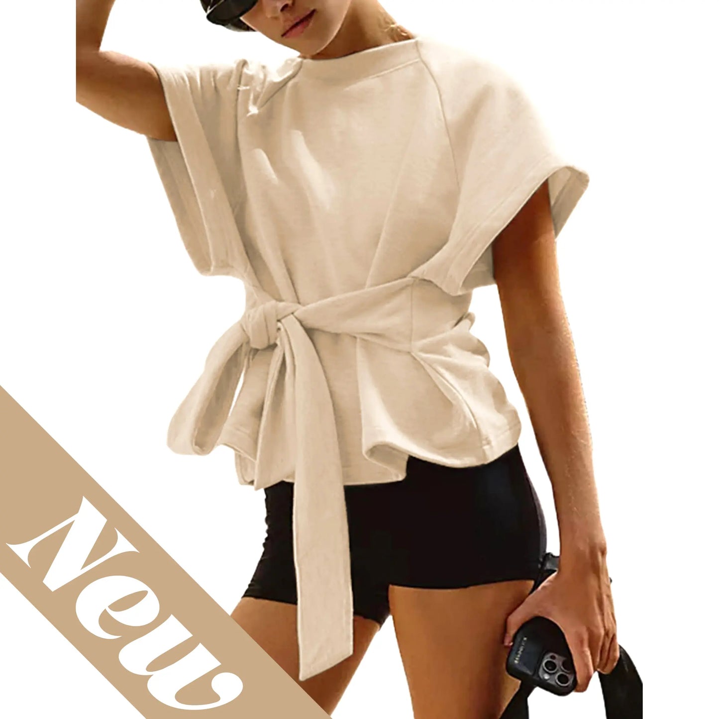 Women's Tie Waist Short Sleeve Crewneck Tee, Slimming Knot Front T-Shirt