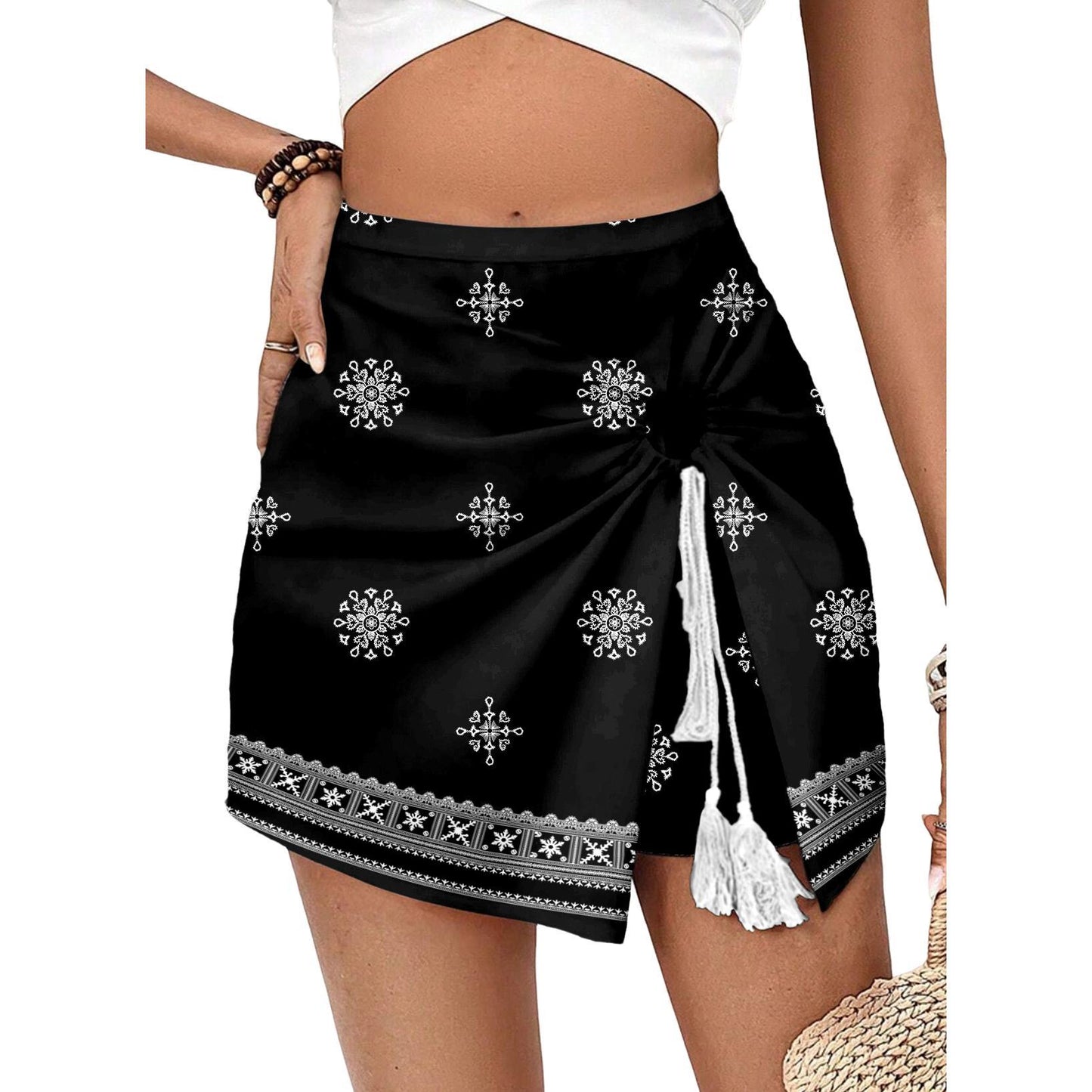 Women's Boho Floral Wrap Skort, Chiffon Flowy Tie Front Shorts