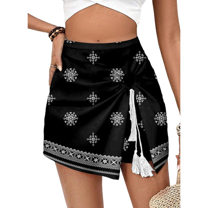 Women's Boho Floral Wrap Skort, Chiffon Flowy Tie Front Shorts