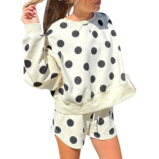 Women's Polka Dot Drop Shoulder Loungewear Set