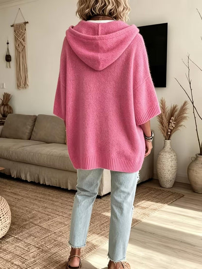 Women New Loose Batwing Short‑Sleeve Hooded Drawstring Knit Sweater