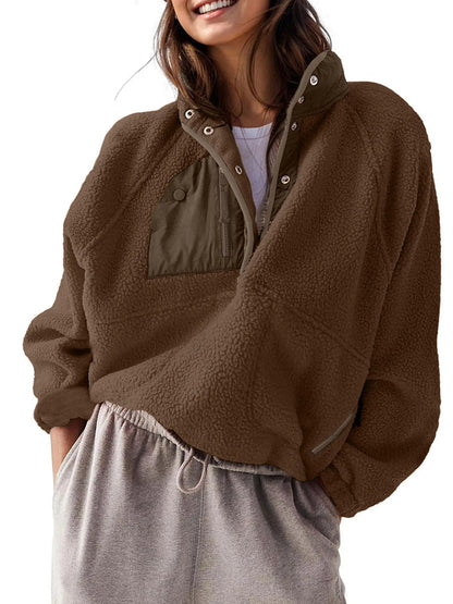 Women Color Block Half Snap Cropped Fleece Pullover Jacket