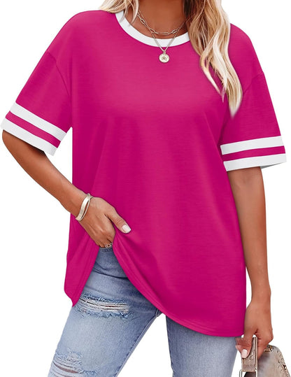 ✨ Women's Oversized Crew Neck Colorblock Striped Sleeve T-shirt